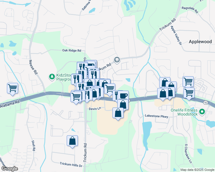 map of restaurants, bars, coffee shops, grocery stores, and more near 406 Aerif Place in Woodstock