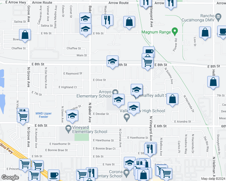 map of restaurants, bars, coffee shops, grocery stores, and more near 1698 East Highland Street in Ontario
