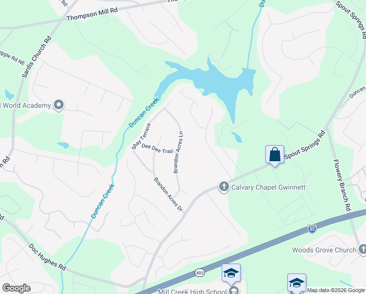 map of restaurants, bars, coffee shops, grocery stores, and more near 4775 Brandon Acres Lane in Buford