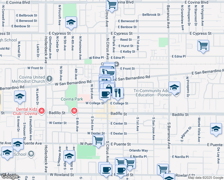 map of restaurants, bars, coffee shops, grocery stores, and more near 316 Orange Blossom Lane in Covina
