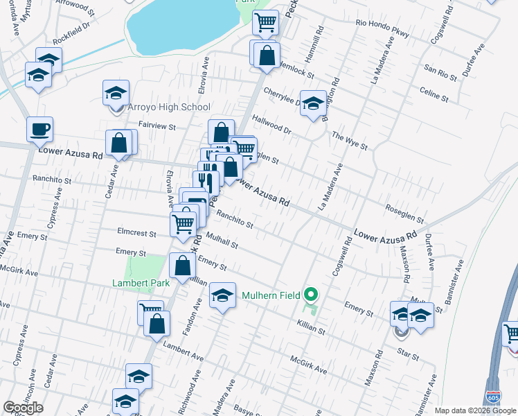 map of restaurants, bars, coffee shops, grocery stores, and more near 11718 Lower Azusa Road in El Monte