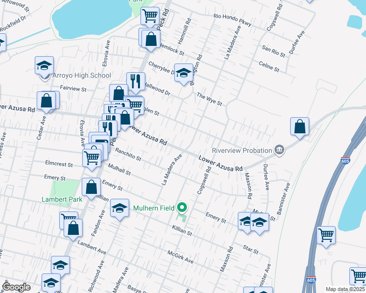 map of restaurants, bars, coffee shops, grocery stores, and more near 11849 Lower Azusa Road in El Monte