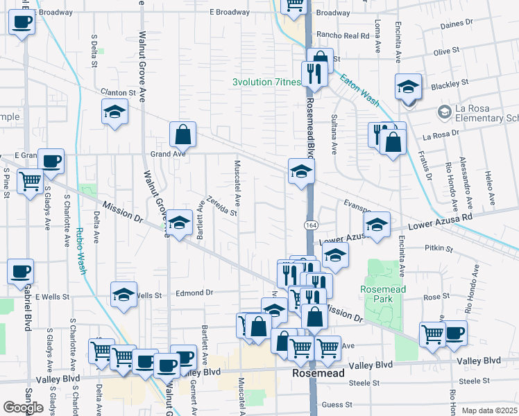 map of restaurants, bars, coffee shops, grocery stores, and more near 4646 Fendyke Avenue in Rosemead