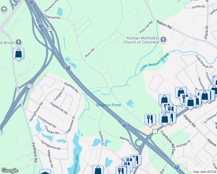 map of restaurants, bars, coffee shops, grocery stores, and more near 1606 Legrand Road in Columbia