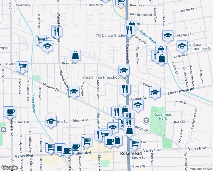 map of restaurants, bars, coffee shops, grocery stores, and more near 4646 Fendyke Avenue in Rosemead