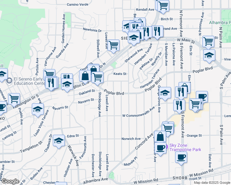 map of restaurants, bars, coffee shops, grocery stores, and more near 5545 Poplar Boulevard in Los Angeles