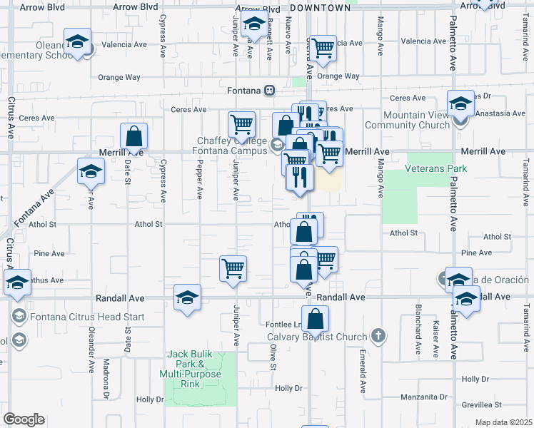 map of restaurants, bars, coffee shops, grocery stores, and more near 9074 Olive Street in Fontana