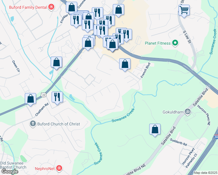 map of restaurants, bars, coffee shops, grocery stores, and more near 4201 Ripley Court in Buford