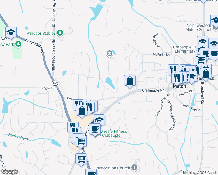 map of restaurants, bars, coffee shops, grocery stores, and more near 12620 Morningpark Circle in Alpharetta