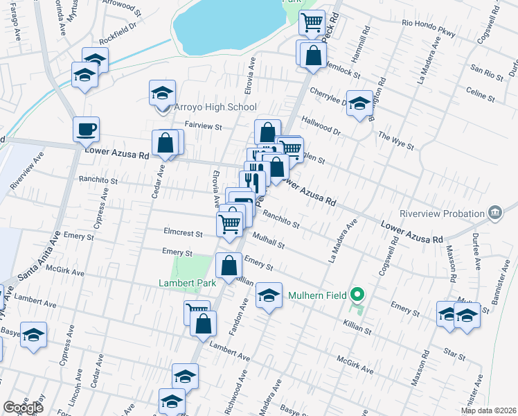 map of restaurants, bars, coffee shops, grocery stores, and more near 4700 Peck Road in El Monte