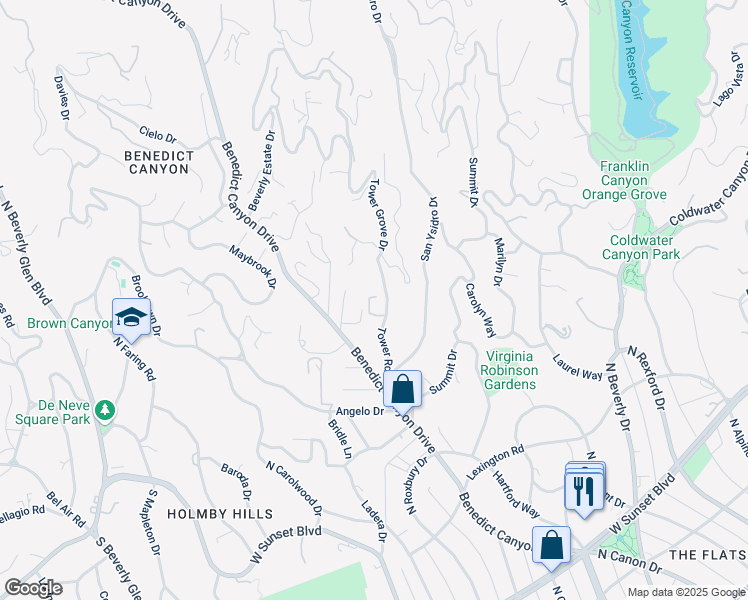 map of restaurants, bars, coffee shops, grocery stores, and more near 1129 Tower Road in Beverly Hills