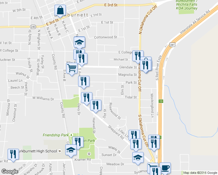 map of restaurants, bars, coffee shops, grocery stores, and more near 607 Reagan Street in Burkburnett