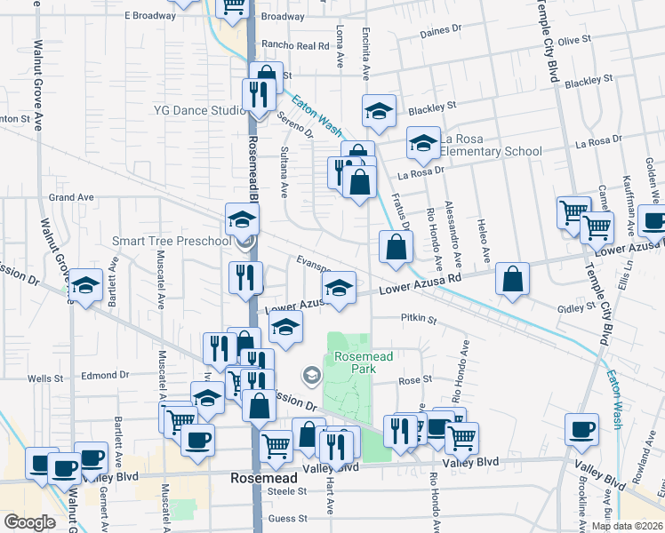 map of restaurants, bars, coffee shops, grocery stores, and more near 9113 Evansport Drive in Rosemead