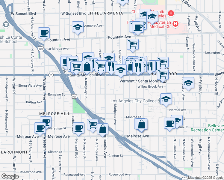 map of restaurants, bars, coffee shops, grocery stores, and more near 1001 Mariposa Avenue in Los Angeles