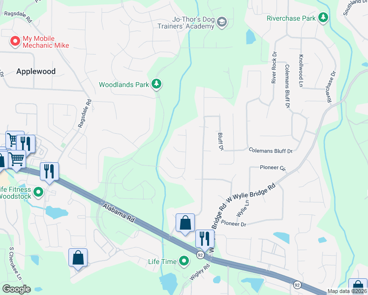 map of restaurants, bars, coffee shops, grocery stores, and more near 155 Churchcliff Drive in Woodstock