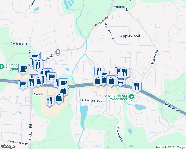 map of restaurants, bars, coffee shops, grocery stores, and more near 706 Weatherstone Trce in Woodstock