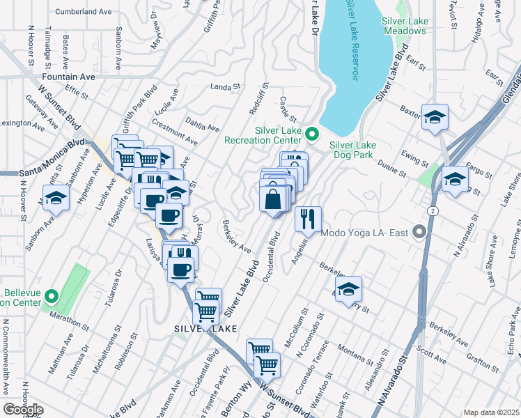 map of restaurants, bars, coffee shops, grocery stores, and more near 1621 Westerly Terrace in Los Angeles