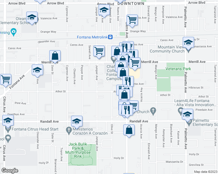 map of restaurants, bars, coffee shops, grocery stores, and more near 9074 Olive Street in Fontana