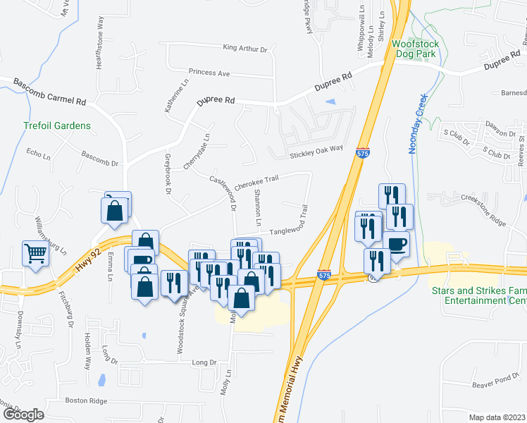map of restaurants, bars, coffee shops, grocery stores, and more near 755 Shannon Lane in Woodstock