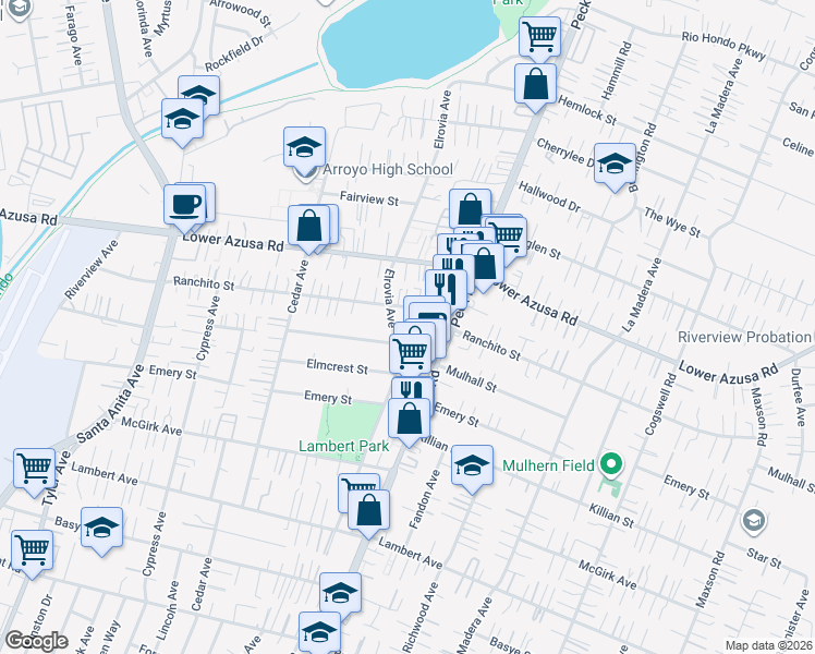 map of restaurants, bars, coffee shops, grocery stores, and more near 11526 1/2 Ranchito Street in El Monte
