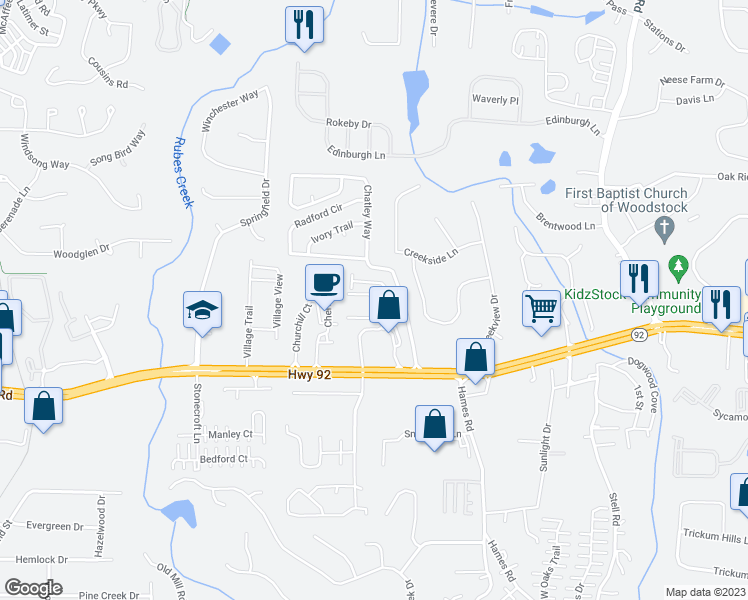 map of restaurants, bars, coffee shops, grocery stores, and more near 232 Lower Pheasant Lane in Woodstock