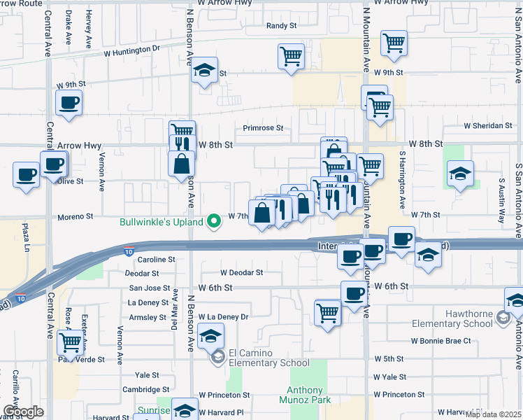 map of restaurants, bars, coffee shops, grocery stores, and more near 1443 West 7th Street in Upland