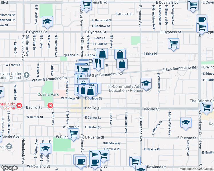 map of restaurants, bars, coffee shops, grocery stores, and more near 250 East School Street in Covina