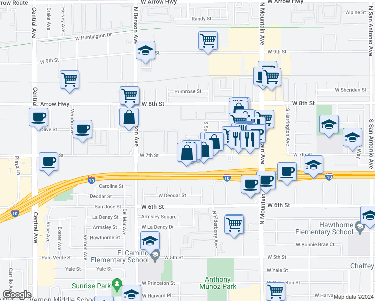 map of restaurants, bars, coffee shops, grocery stores, and more near 1439 West 7th Street in Upland