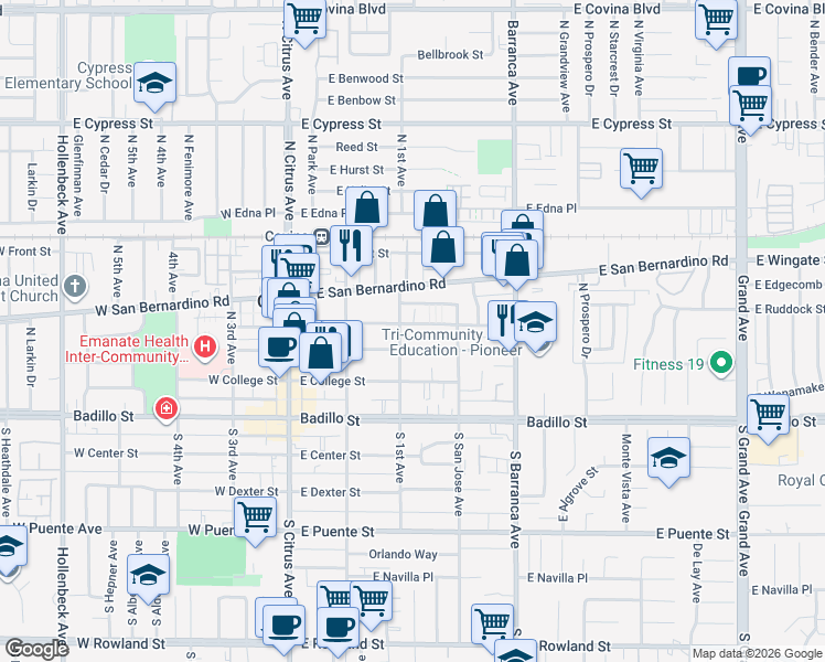 map of restaurants, bars, coffee shops, grocery stores, and more near 316 East School Street in Covina