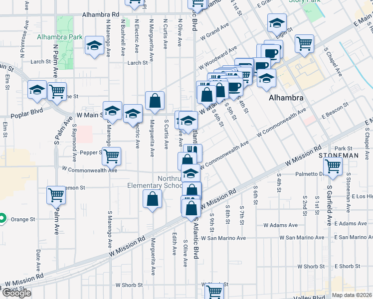 map of restaurants, bars, coffee shops, grocery stores, and more near 208 South Olive Avenue in Alhambra