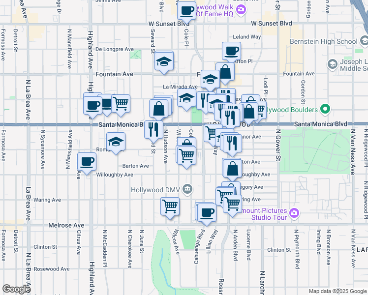 map of restaurants, bars, coffee shops, grocery stores, and more near 6415 Romaine Street in Los Angeles