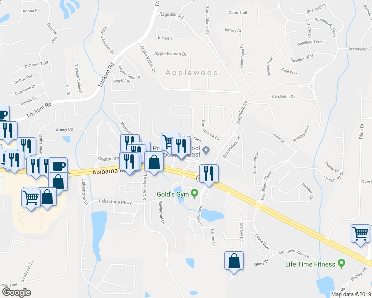 map of restaurants, bars, coffee shops, grocery stores, and more near 142 Weatherstone Square Drive in Woodstock