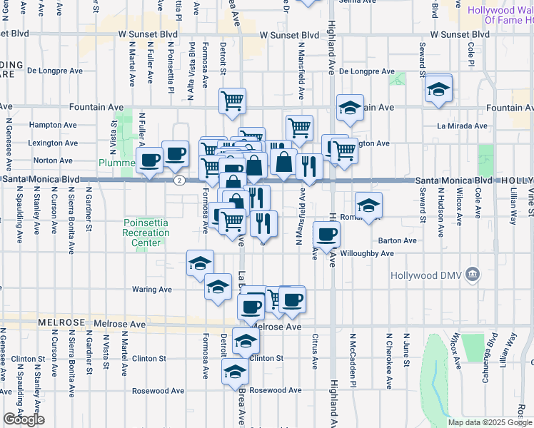 map of restaurants, bars, coffee shops, grocery stores, and more near 7045 Romaine Street in West Hollywood