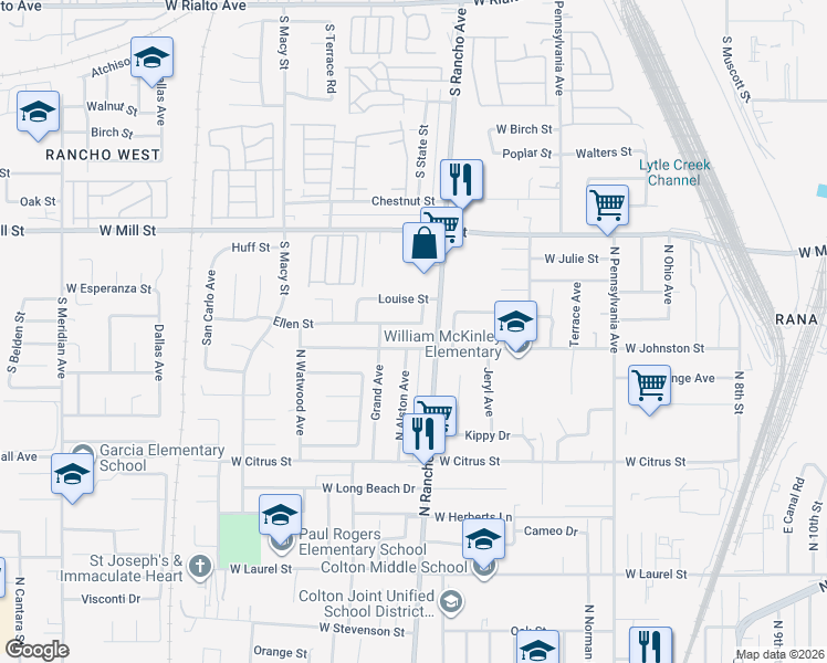 map of restaurants, bars, coffee shops, grocery stores, and more near 828 Ellen Street in Colton
