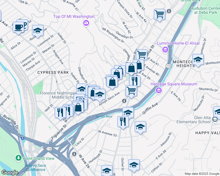 map of restaurants, bars, coffee shops, grocery stores, and more near 3521 North Figueroa Street in Los Angeles
