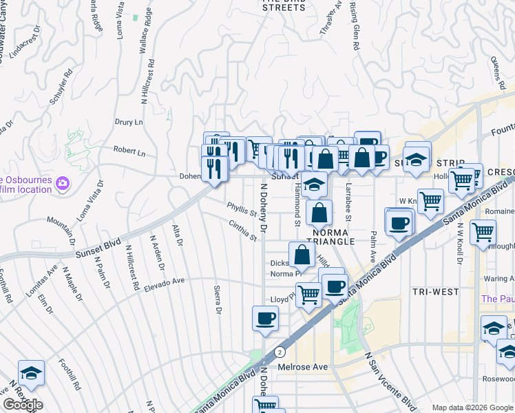 map of restaurants, bars, coffee shops, grocery stores, and more near 963 North Doheny Drive in West Hollywood