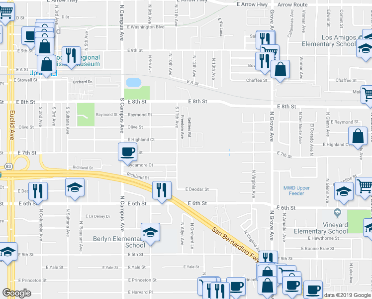 map of restaurants, bars, coffee shops, grocery stores, and more near 1148 Tradition Lane in Upland