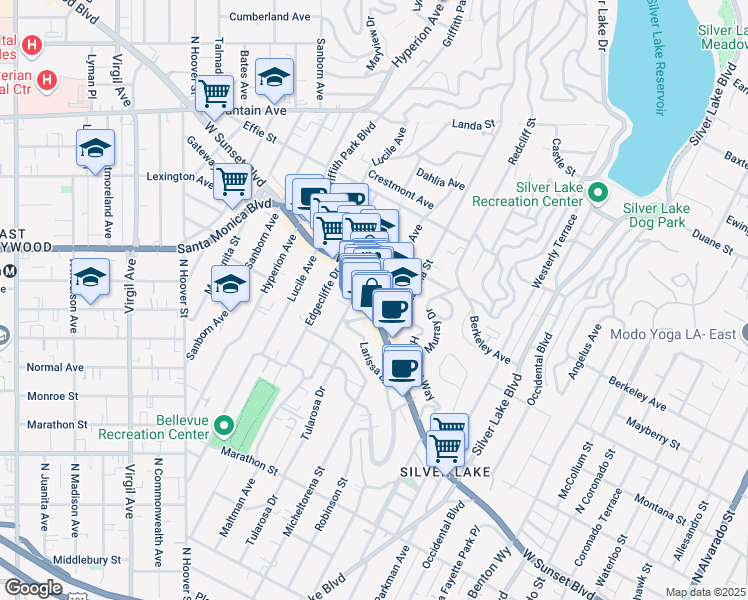 map of restaurants, bars, coffee shops, grocery stores, and more near 3503 Sunset Boulevard in Los Angeles