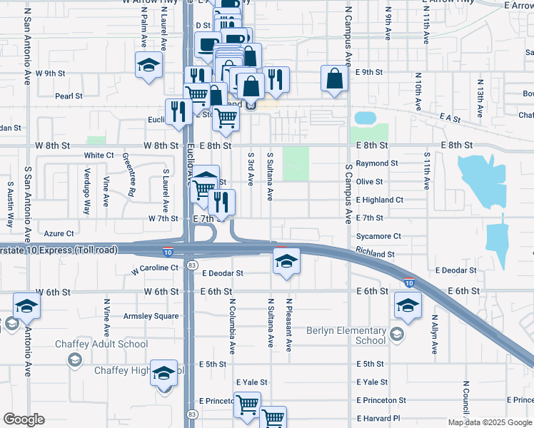 map of restaurants, bars, coffee shops, grocery stores, and more near 375 East 7th Street in Upland
