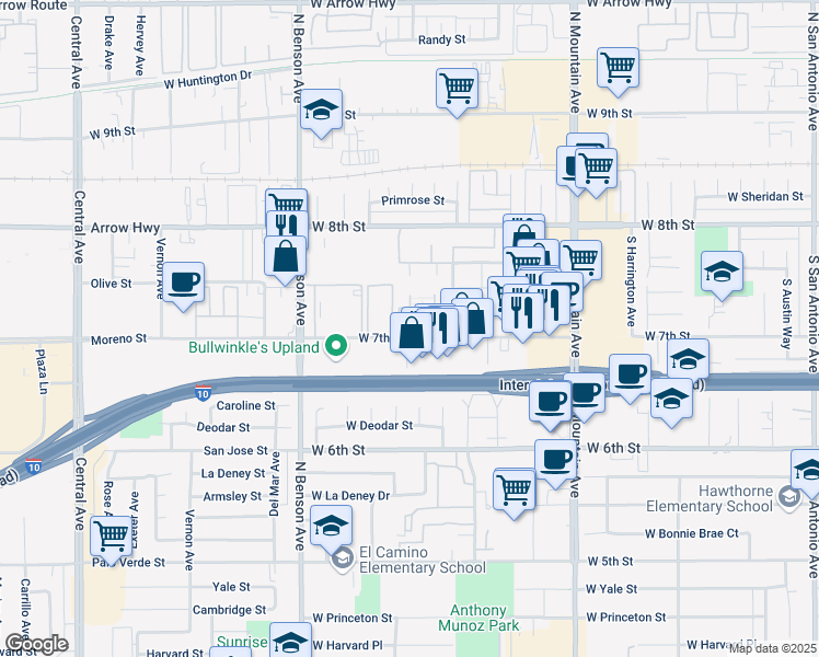 map of restaurants, bars, coffee shops, grocery stores, and more near 1443 West 7th Street in Upland