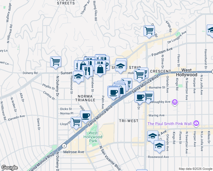map of restaurants, bars, coffee shops, grocery stores, and more near 970 Palm Avenue in West Hollywood