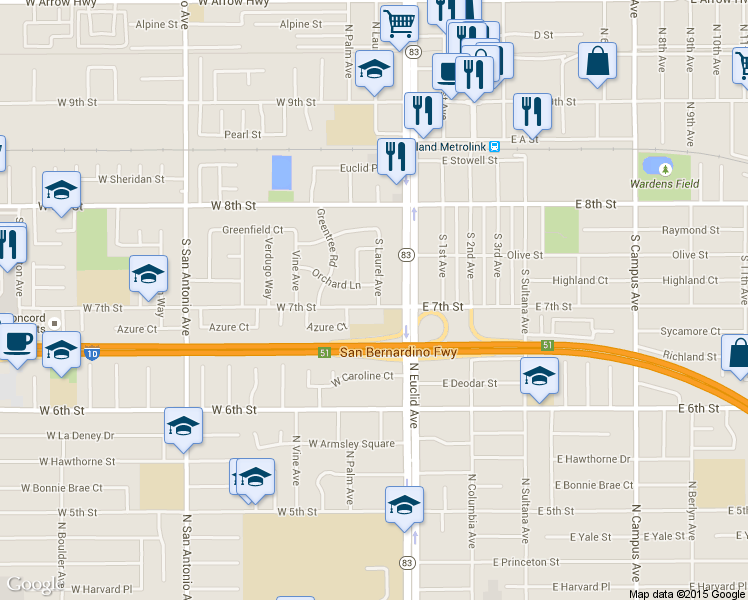 map of restaurants, bars, coffee shops, grocery stores, and more near 107 West 7th Street in Upland