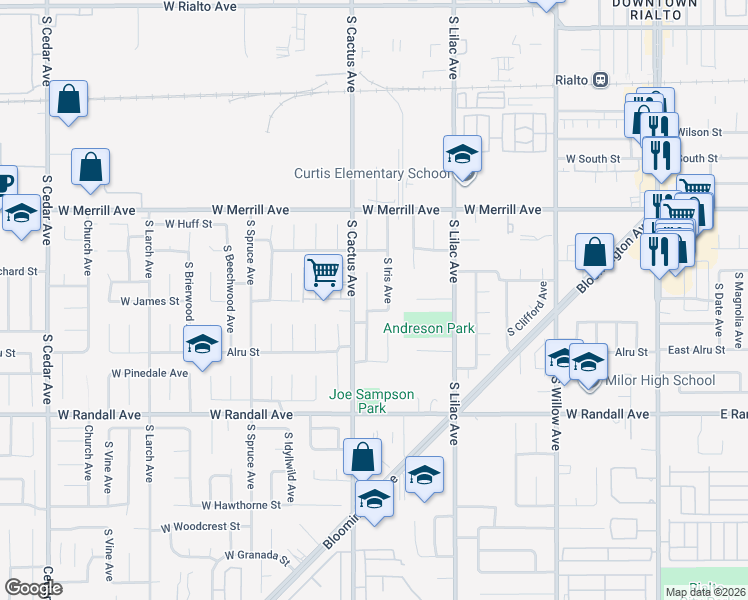map of restaurants, bars, coffee shops, grocery stores, and more near 685 South Yucca Avenue in Rialto