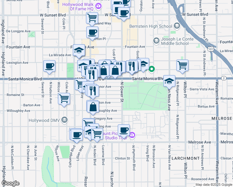 map of restaurants, bars, coffee shops, grocery stores, and more near 6021 Romaine Street in Los Angeles