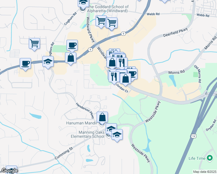 map of restaurants, bars, coffee shops, grocery stores, and more near 2839 Ashleigh Lane in Alpharetta
