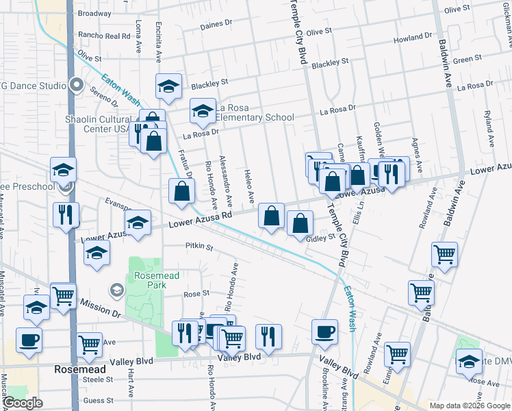 map of restaurants, bars, coffee shops, grocery stores, and more near 9409 Lower Azusa Road in Temple City
