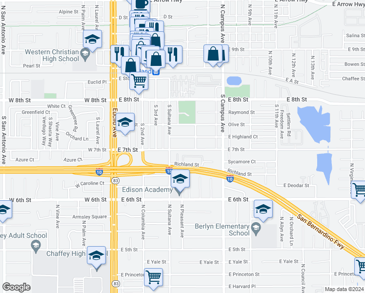 map of restaurants, bars, coffee shops, grocery stores, and more near 497 East 7th Street in Upland