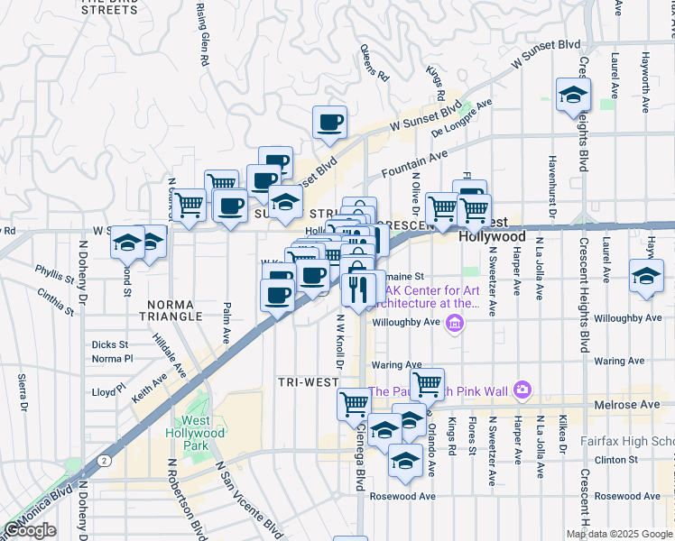 map of restaurants, bars, coffee shops, grocery stores, and more near 8512 Santa Monica Boulevard in West Hollywood