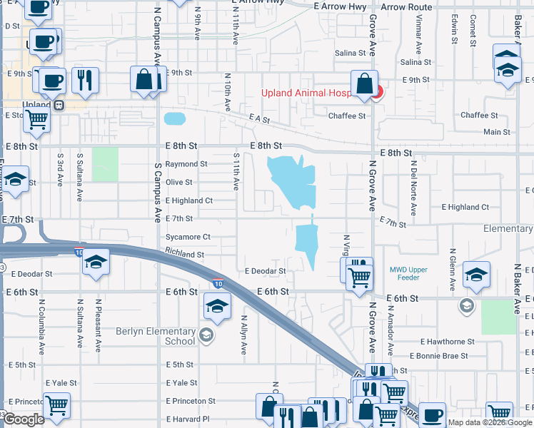 map of restaurants, bars, coffee shops, grocery stores, and more near 1292 Tradition Lane in Upland