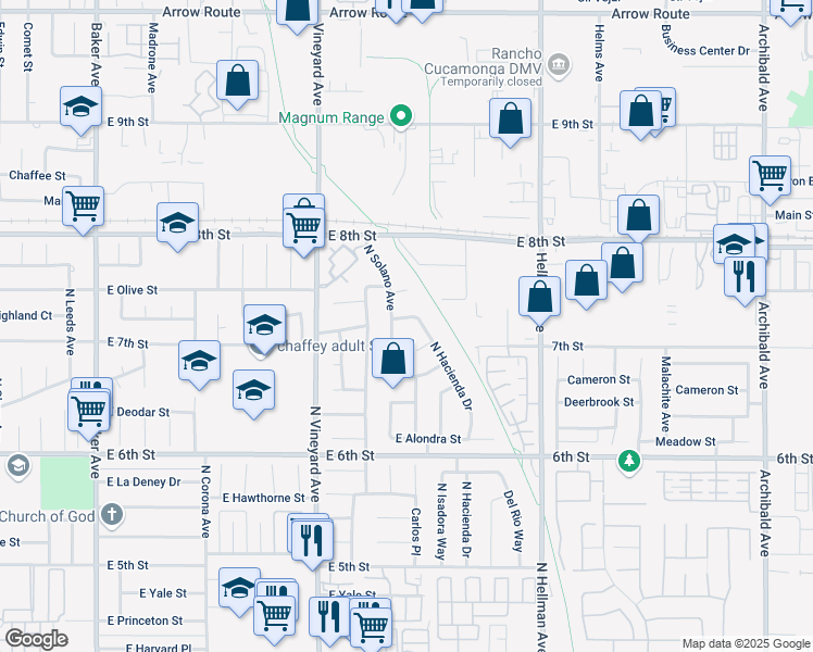 map of restaurants, bars, coffee shops, grocery stores, and more near 2032 East 7th Street in Ontario